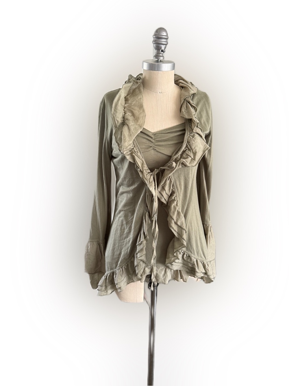 Monoreno Women’s Two Piece Olive Green Tank Cardigan With Ruffles. Size Small